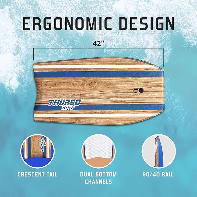 THURSO SURF Quill 42'' Bodyboard Lightweight Durable EPS Core IXPE Deck HDPE Slick Bottom FRP Stringer Crescent Tail Dual Channel Plastic Mesh with Double Stainless Steel Swivel Coiled Wrist Leash-StrideForce Fitness