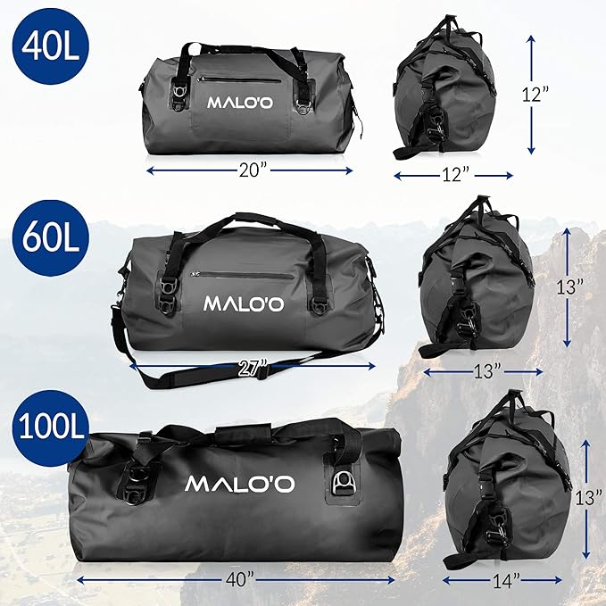 Malo'o Waterproof Dry Bag Duffel 40L/60L/100L, Roll Top Duffel Keeps Gear Dry for Kayaking, Rafting, Boating, Swimming, Camping, Hiking, Beach, Fishing - Internal & External Pockets-StrideForce Fitness