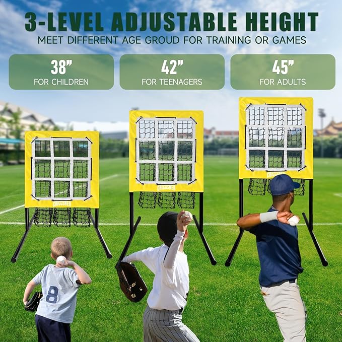 9 Hole Pitching Net, Heavy-Duty Baseball Net with Strike Zone for Pitching and Hitting, Height Adjustable Training Equipment with 9 Pocket Pitching Target for Baseball & Softball Practice-StrideForce Fitness