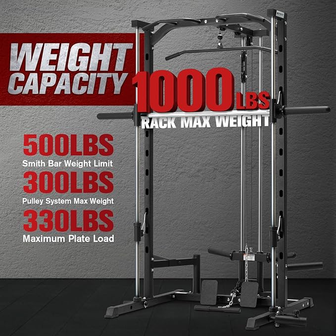 RitFit Smith Machine Power Rack with LAT-Pull Down System, Landmine, Barbell Bar, Plate Storage Pegs and More Training Attachment-StrideForce Fitness