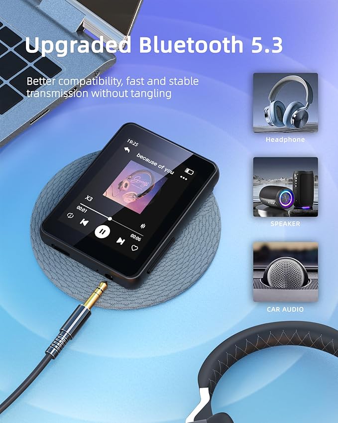 64GB Music Player with Bluetooth 5.3, 2.4" Portable MP3 Player with Speaker, FM Radio, Voice Recorder, E-Book, Full Touch Screen, Supports up to 256GB (Earphones Included)-StrideForce Fitness
