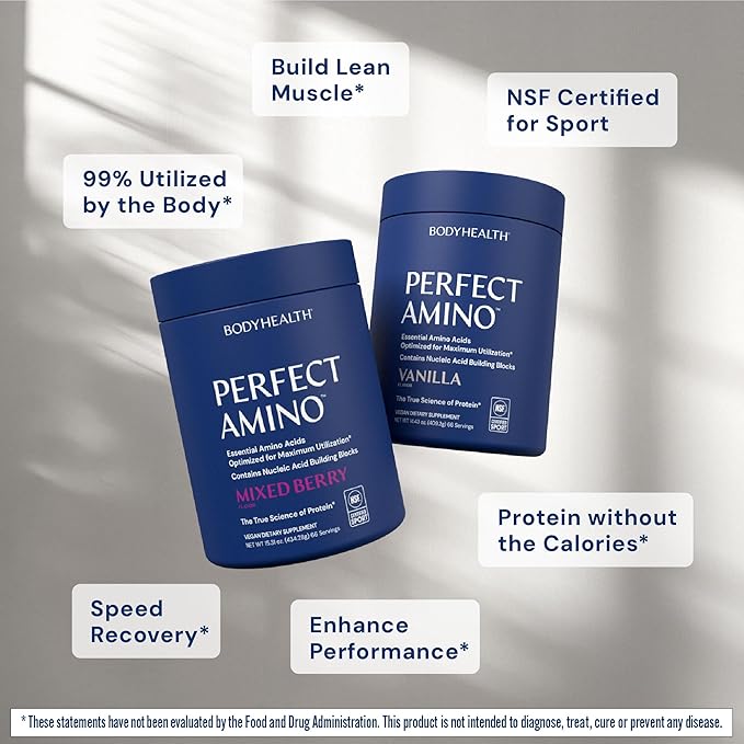 BodyHealth PerfectAmino Powder - BCAA and EAA Powder for Pre and Post Workout - Amino Acid Energy Drink to Support Lean Muscle and Recovery - NSF Certified for Sport - Vanilla - 66 Servings-StrideForce Fitness