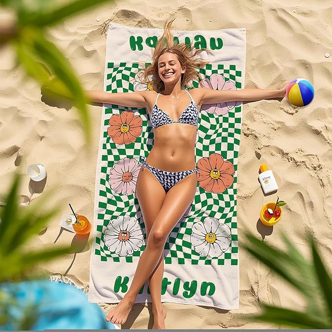 JML Personalized Beach Towel with Name, Custom Flower Beach Towel, Customized Microfiber Pool Towel, Quick Dry & Absorbent Swim Towel for Adult,Mother's Day, Birthday, Summer Holiday,Vacation-StrideForce Fitness