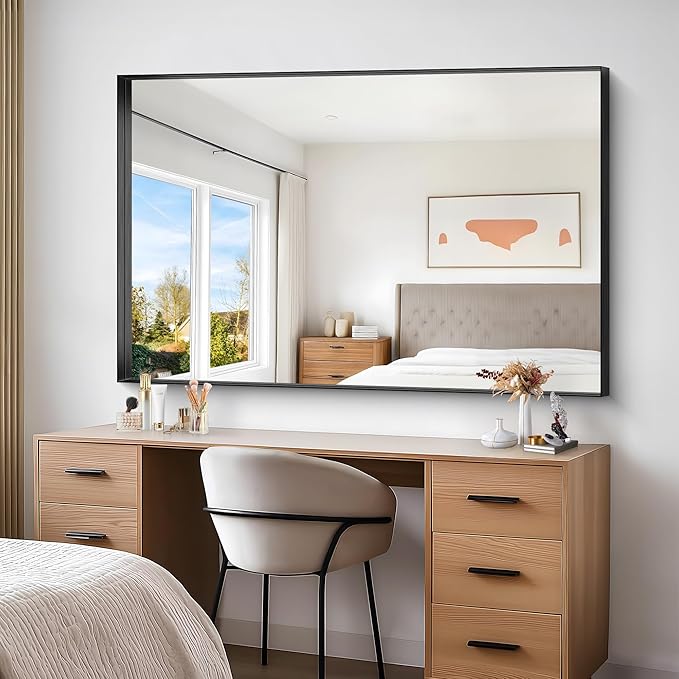Black Bathroom Mirror, 60x40 Inch Rectangular Framed Mirror, Large Wall Mounted Bathroom Vanity Mirror Over Sink for Bedroom,Restroom, Living Room, Hangs Vertically or Horizontally-StrideForce Fitness