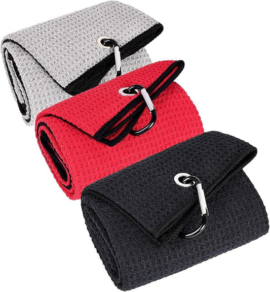 3 Pack Large Golf Towels, 16" x 24" Tri-Fold Portable Microfiber Fabric Waffle Pattern Golf Towel for Golf Bag with Carabiner Clip to Quickly Remove Sand, Mud, Dirt and Sweat-StrideForce Fitness