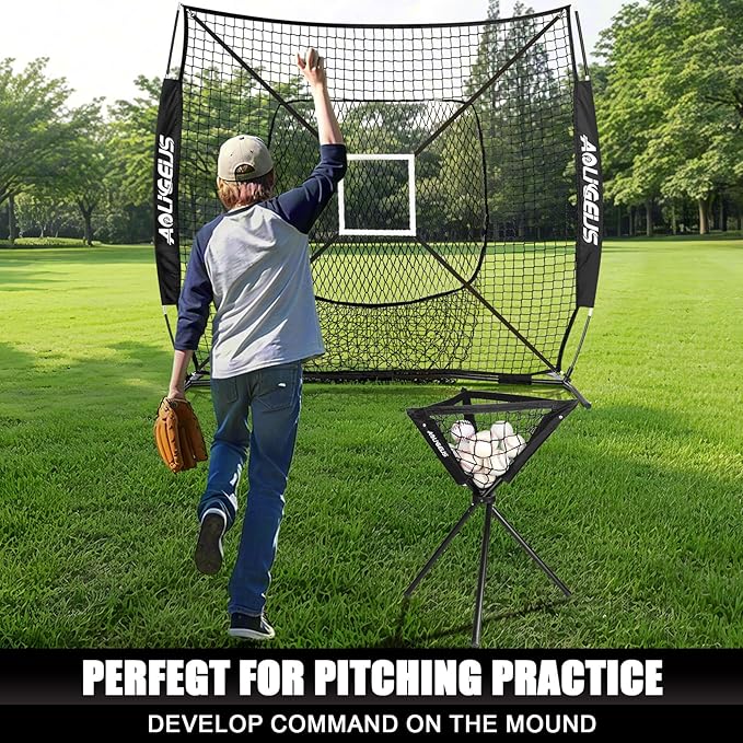 6'X6' Baseball Softball Practice Net with Batting Tee and Ball Caddy, Bonus Strike Zone Target and Bow Frame, for Hitting, Pitching, Catching-StrideForce Fitness