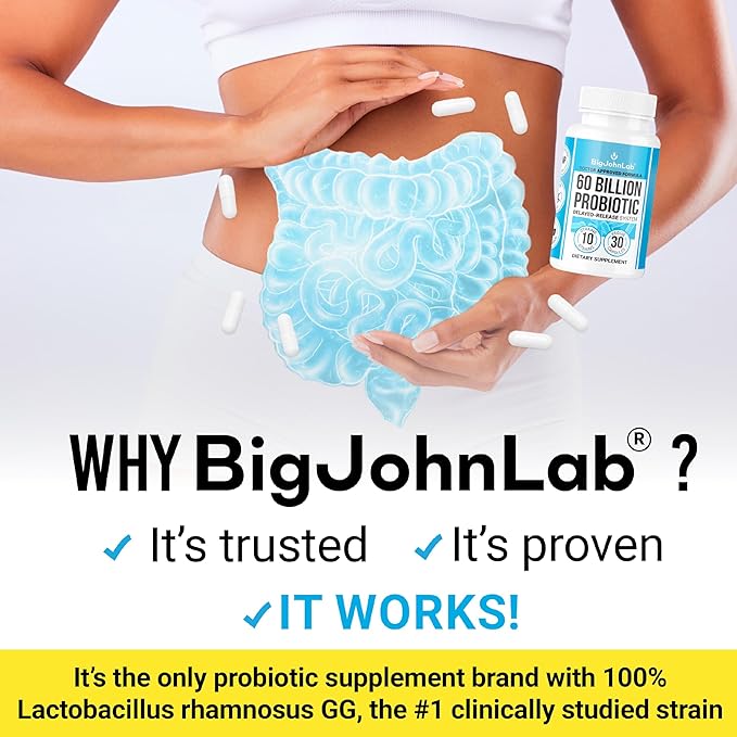 BIGJOHNLAB® Probiotics 60 Billion CFU – 10 Strains + Organic Prebiotics – Immune, Digestive & Gut Health – Supports Occasional Constipation, Diarrhea, Gas & Bloating – for Women & Men – 30ct-StrideForce Fitness