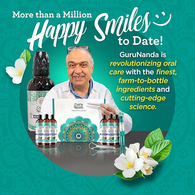 GuruNanda CocoMint Oil Pulling Mouthwash for Complete Oral Hygiene, 7 Essential Oils & Vitamins for Happy Teeth & Gums & Fresh Breath, with 2 Toothbrushes & Tongue Scraper, Alcohol-Free, 6X8 oz