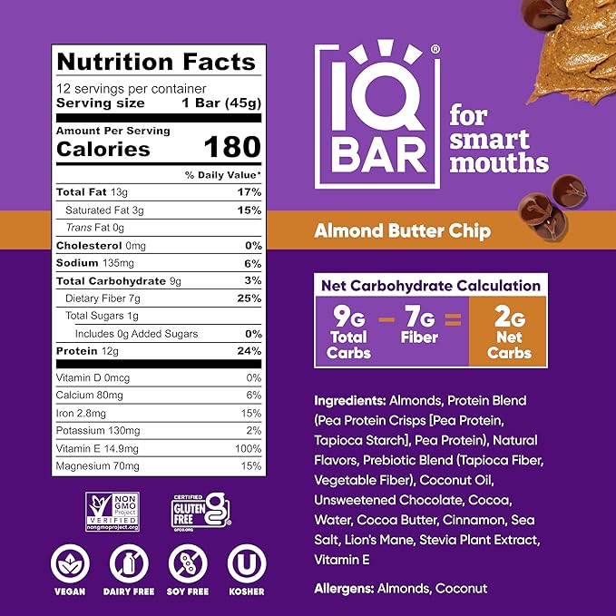 IQBAR Brain and Body Plant Protein Bars - Almond Butter Chip - 12-Count Low Carb - Gluten Free, High Fiber, Vegan Snacks - Low Sugar Meal Replacement-StrideForce Fitness