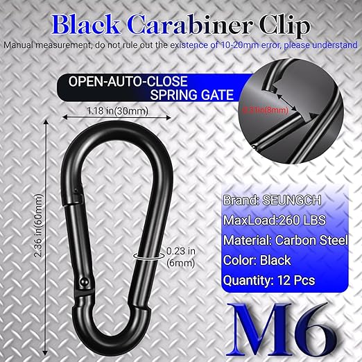 2.36" Spring Snap Hook Carabiners, 12 Pcs Galvanized Steel Black Small Carabiner Clip, Keychain Clip, Quick Link Key Chain for Hammock Swing Set Outdoor Travel, Camping, Fishing, Hiking-StrideForce Fitness