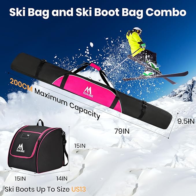 Ski Bag and Ski Boot Bag Combo-Padding Skis Bag for Air Travel,Water Proof Ski Boot Bag Fits for Skis Up to 200 CM and Boots Up To Size US13,Adults Ski Travel Bag-StrideForce Fitness