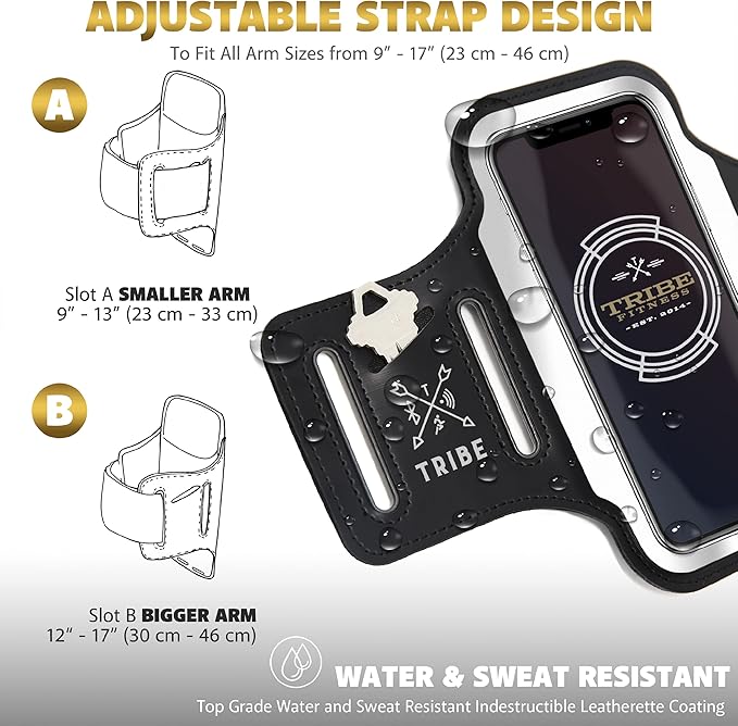TRIBE Running Phone Holder Armband. iPhone & Galaxy Cell Phone Sports Arm Bands for Women, Men, Runners, Jogging, Walking, Exercise & Gym Workout. Fits All Smartphones. Adjustable Strap, CC/Key Pocket-StrideForce Fitness