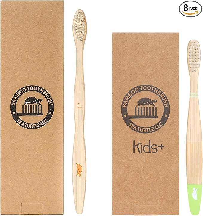 Sea Turtle Bundle Adult and Kids Toothbrushes, Plant-Based, Bristles Bamboo Toothbrush, Entire Family Bundle for Adults and Kids (4 Pack Each)