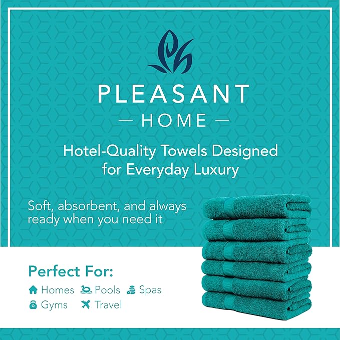 Pleasant Home Bath Towels Set of 6 (24” x 50”) 100% Cotton, 515 GSM | Lightweight, Soft & Absorbent Luxury Towels for Bathroom | for Gym, Pool & Spa | 6 Pack, Teal-StrideForce Fitness