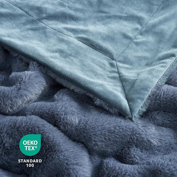 Cozy Bliss Faux Fur Throw Blanket for Couch, Cozy Warm Plush Striped Blanket for Sofa Bedroom Living Room, 90 * 90 Inches Blue-StrideForce Fitness