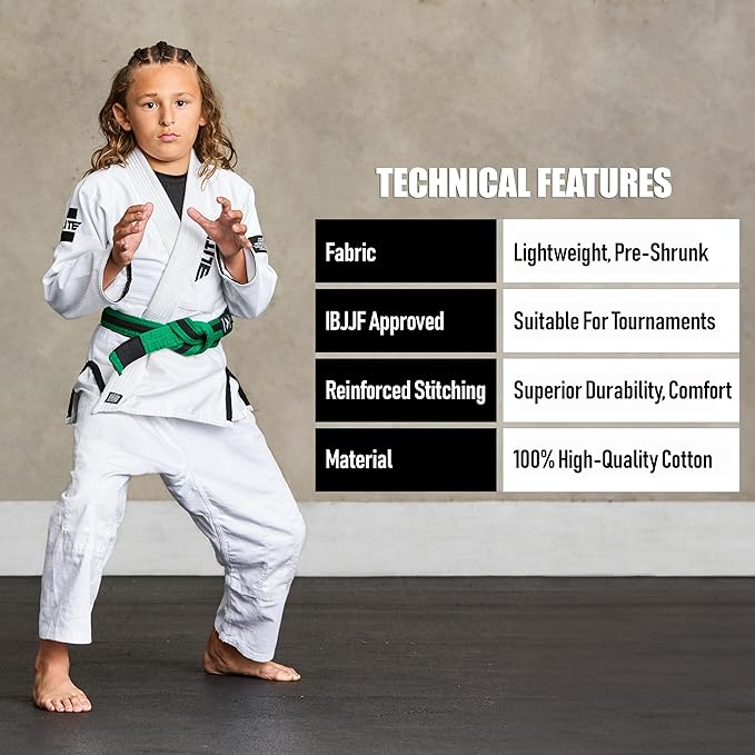 Elite Sports Kids Brazilian Jiu Jitsu Belts Preshurunk Martial Arts Youth BJJ Belts for Girls & Boys with BJJ Ranking Stripes-StrideForce Fitness