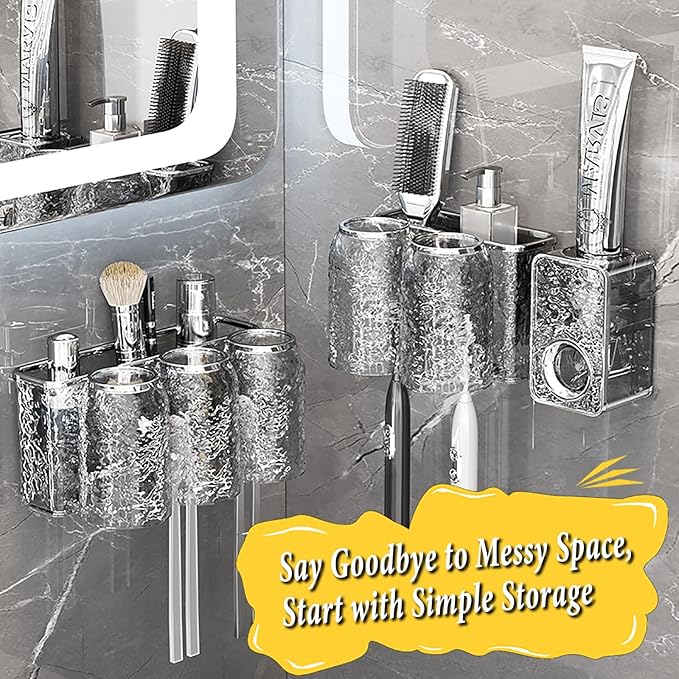 Toothbrush Holders Combo Set for Bathroom，3 Cups Toothbrush Holder Wall Mounted with Organizer，Gift 3 Count Ultra Fine Soft Bristle Crystal Tooth Brush and Wall Mounted Toothpaste Squeezer
