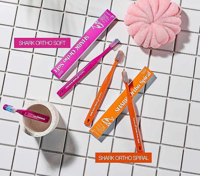 Orthodontic Toothbrush for Braces [6 Packs][Made in Korea] V Trim Cutting Tapered Gentle Bristles Braces Toothbrush for Brackets and Wires Cleaning (Shark Ortho Spiral, 6 Pack)