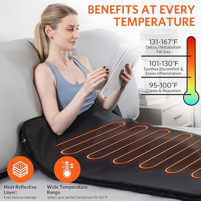 Low EMF Portable Infrared Sauna Blanket for Detox and Home Relaxation, Adjustable 1-60 Min Timer, 95-167℉ Temp Range, 6 ft x 2.95 ft, Durable PU Leather Cover-StrideForce Fitness