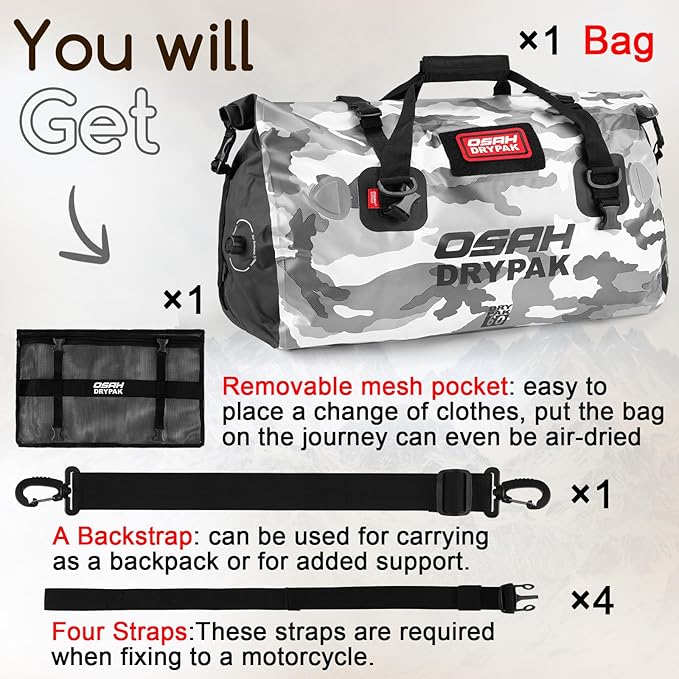 Waterproof Duffel Bag - Motorcycle Dry Bag Tail Bag with Large Storage Space, Waterproof Luggage Duffle Bags with Outer Mesh Zipper Pocket for Camping, Kayaking, Fishing & Traveling-StrideForce Fitness