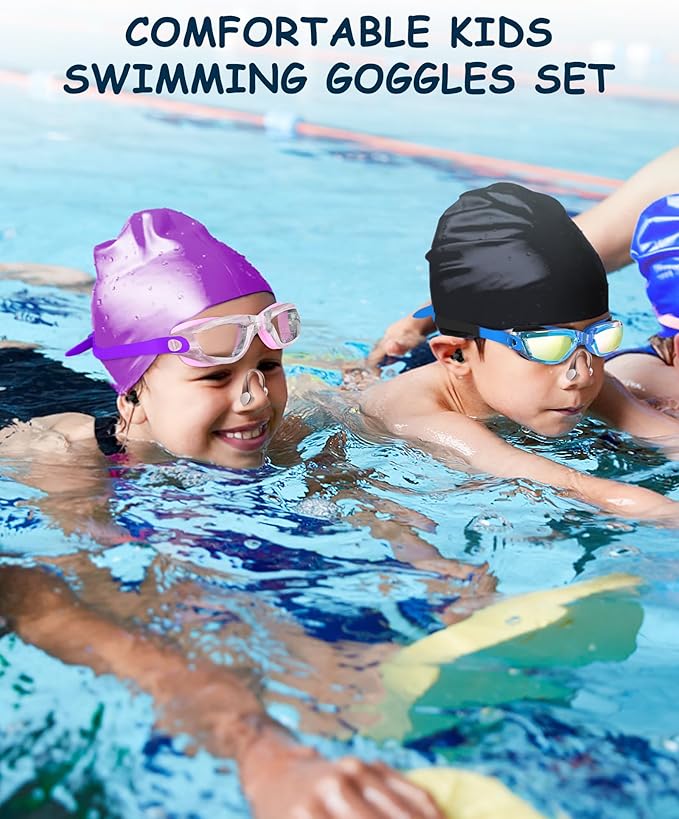 Kids Swim Goggles, Swimming Goggles for Kids Toddlers 3-14 with Swim Cap, Nose Clip, Nose Bridge, Ear Plugs-StrideForce Fitness