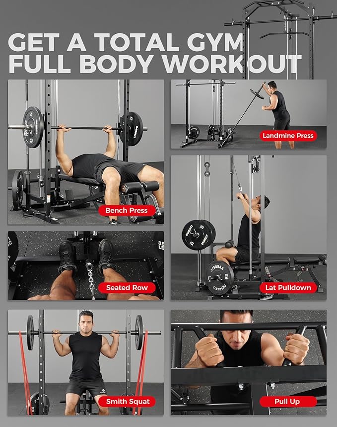 Mikolo Smith Machine Home Gym Power Cage (1:1 Ratio Strength Trainer) (Space Saving Design) (with 8 Free Attachments) Squat Rack for Full Body Training-StrideForce Fitness