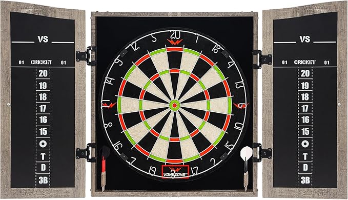 Dartboard Cabinet Set - Easy Assembly One Piece Sports Hemp Dartboard Scoreboard - Play Immediately - 6 Dart Chalk Set for Home Game Bar Accessories, Gray-StrideForce Fitness