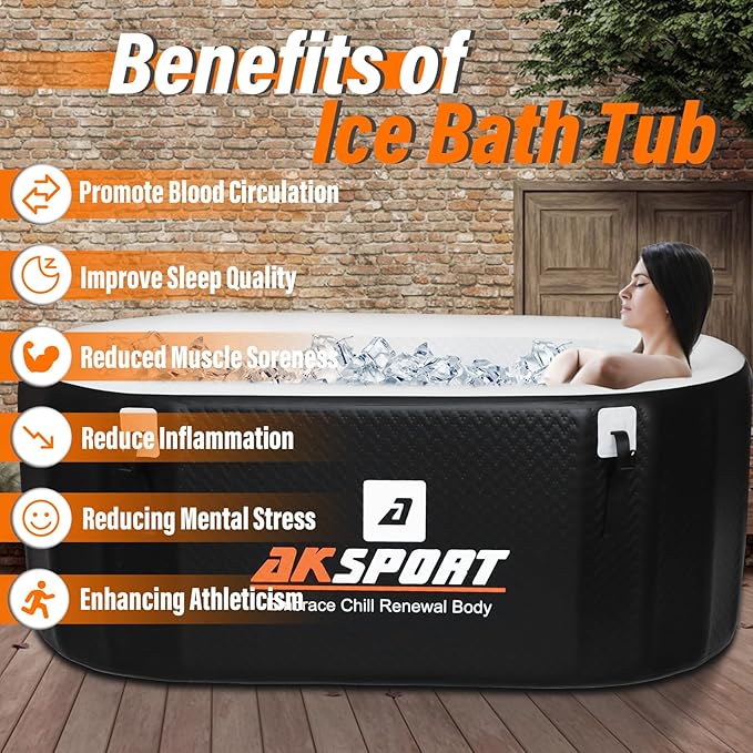 AKSPORT Ice Bath Tub for Athletes, 225 Gallons Inflatable Cold Plunge Tub Compatible with Water Chillers, Icebath for Recovery & Cold Water Therapy, Portable Bathtub for Indoor & Outdoor-Black-StrideForce Fitness