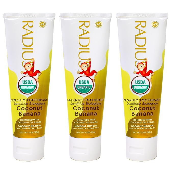 RADIUS USDA Organic Kids Toothpaste 3oz Non Toxic Chemical-Free Gluten-Free Designed to Improve Gum Health for Children's 6 Months and Up - Coconut Banana - Pack of 3