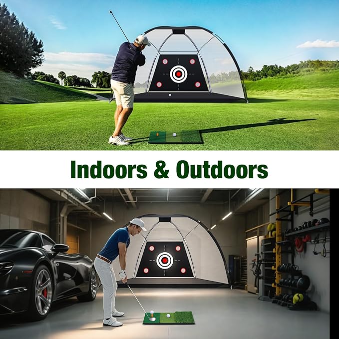 MoKo Golf Net with Practice Mat, 10 x 7 ft Golf Hitting Net for Outdoor Indoor Backyard Driving Chipping Swing Training, All-in-One Multi-Target Training Aid Practice Nets with Tri-Turf Mat-StrideForce Fitness