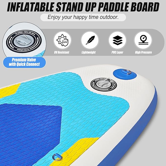 Inflatable Stand Up Paddle Board 10‘x30‘‘- Ultra-Light SUP with Backpack, Pump, Paddle, Coil Leash, 3 Fins, Repair Kit, Stable Design, Non-Slip EVA Deck for Adults & Youth-StrideForce Fitness