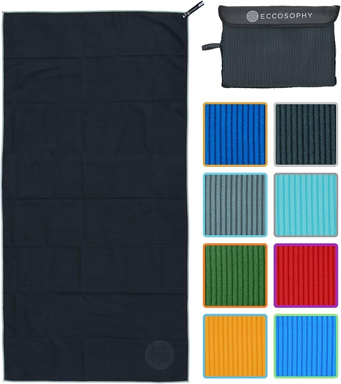 ECCOSOPHY Microfiber Beach Towel – Quick Dry Gym Towel, Highly Absorbent with Ribbed Texture, Lightweight – Ideal for Travel, Pool, Yoga, Fitness & Outdoor Adventures – 60x30 Black-StrideForce Fitness