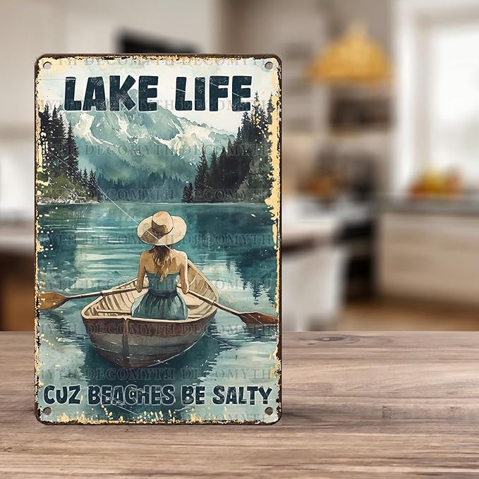 Vintage Lakehouse Tin Sign Lake Life Cuz Beaches Be Salty Retro Wall Decor Nostalgic Art Funny Metal Poster Indoor Store Cafe Toilet Kitchen Garden Plaque Bar Pubs Man cave 12 * 8inch-StrideForce Fitness