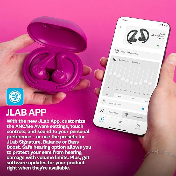 JLab JBuds Sport ANC 4 True Wireless Bluetooth Earbuds + Charging Case, Pink, Swipe + Touch Controls, Hybrid Active Noise Cancelation, Multipoint Connect, Customized Settings App-StrideForce Fitness