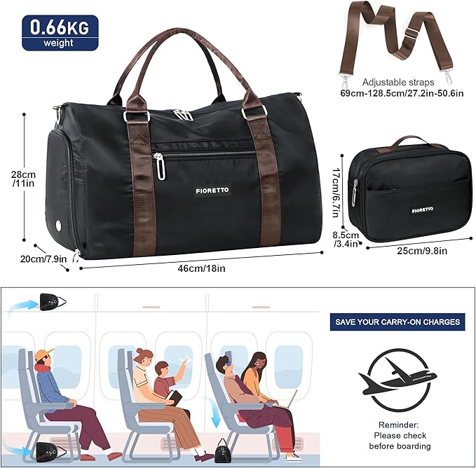 FIORETTO Womens Gym Tote Duffle Bag with Toiletry Bag, Sports Duffel Overnight Hospital Workout Carry on Bag for Girls with Wet Pocket & Shoe Compartment, Ideal for Travel, Swimming, Black & Brown-StrideForce Fitness