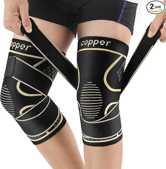 Copper Knee Braces with Strap for Knee Pain Women and Men(2 Pack), Knee Compression Sleeve for Arthritis, ACL, Meniscus Tear, Joint Pain Relief, Knee Support for Working, Running, Weightlifting(2XL)