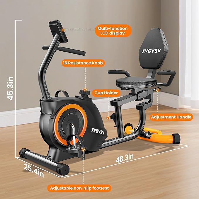 Recumbent Exercise Bike for Home Use, Quiet Recumbent Stationary Bikes for Adults & Seniors, 16-Level Resistance, Adjustable Seat, Supports 400LB, Pulse Sensors & LCD Display-StrideForce Fitness