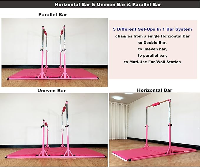 Gymnastics Double Horizontal Bars 3Play Parallel Bars Uneven Bars Gymnastics Training Kip Bar with 304 Stainless Steel Regulating Arms & Fiberglass Rail for Indoor Outdoor Home Club Use-StrideForce Fitness