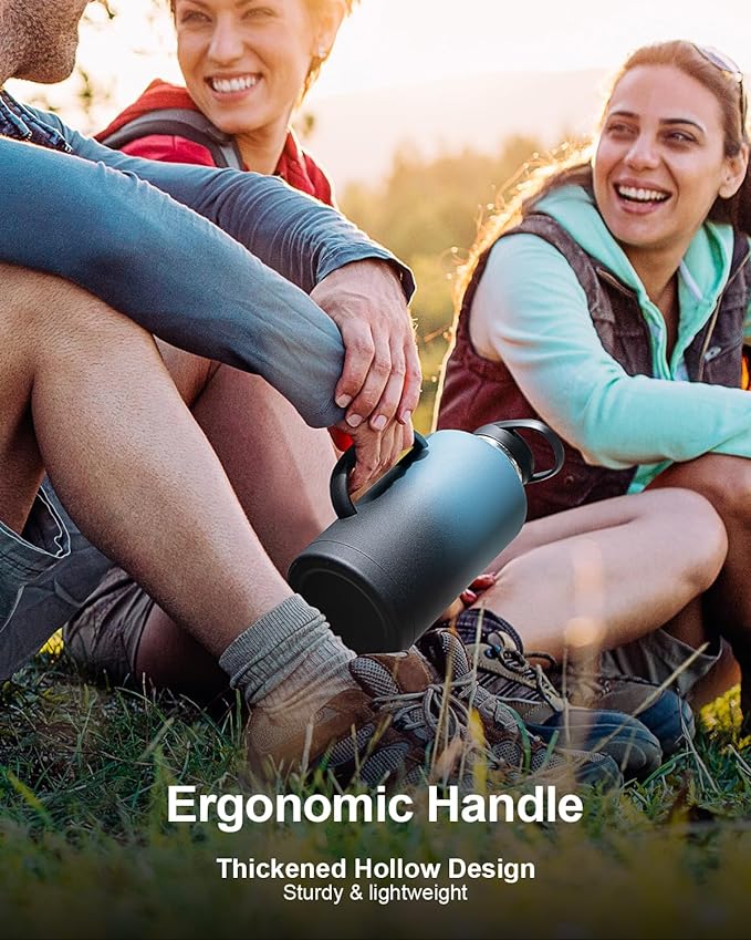 Trebo 64 oz Water Bottle Insulated with Handle, Half Gallon Stainless Steel Metal Large Jug, Travel Flask with Straw Spout Lid, Mug Tumbler Cup with Carry Pouch, Keep Cold Hot, Indigo Black-StrideForce Fitness