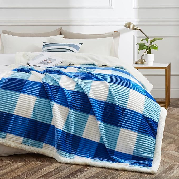 PU MEI Sherpa Blanket Twin Plaid Thick Bed Blanket, 90”*80” Super Soft Flannel Fuzzy Fleece Reversible Velvet Plush Warm Blanket for Couch(Blue Check, 80"*90")-StrideForce Fitness