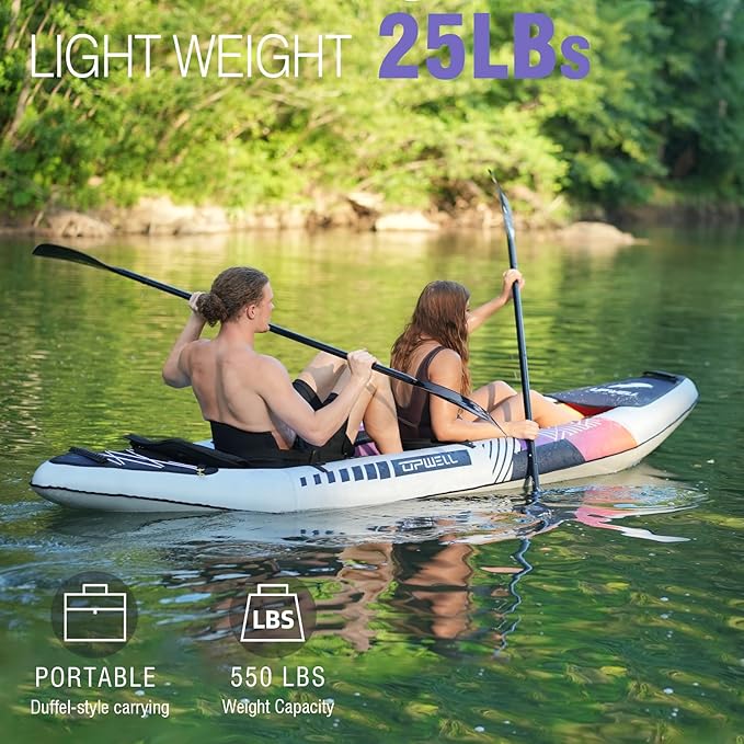 UPWELL 11'/14'6”Inflatable Kayak with Drop Stitch Floor and Accessories Including Kayak Seat with Thickened Cushion, Paddle, Fin, Repair Kits, Carry Bag and Hand Pump-StrideForce Fitness