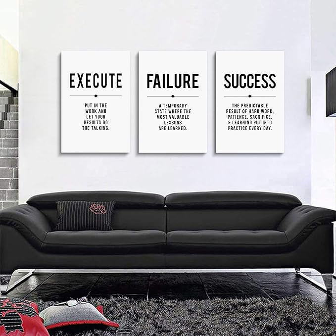 Framed Canvas Wall Art Success Quote, Office Wall Art, Black Large Poster, Positive Motivational Set of 3 Prints, Execute Failure Success Poster, Inspirational Print (D-3pcs,16x24inchx3pcs)-StrideForce Fitness