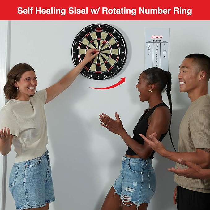 ESPN Dart Board Includes 6 Steel Tip Darts, Bristle Dartboard with Radial Spider Wire and Staple Free Bullseye, Ideal Party Games for Adults-StrideForce Fitness