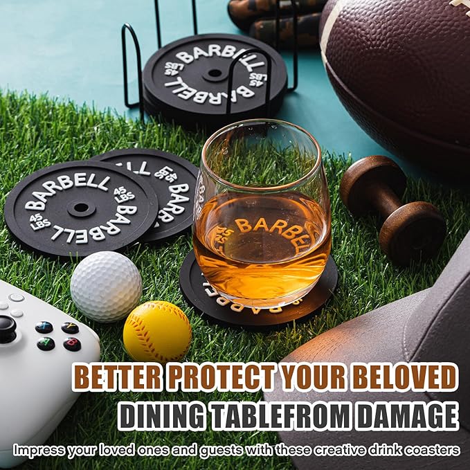 8 Pcs Barbell Bumper Plate Cool Coasters Round Silicone Coasters Weight Plate Coaster with Rack Holder for Gym Lovers Gym Accessories(Black)-StrideForce Fitness