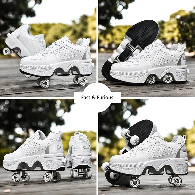 Roller Skate Shoes for Women Four Rounds Children's Roller Skates Shoes That Turn into Rollerskates Sneakers Outdoor Light Shoes with Wheels for Girls/Boys-StrideForce Fitness