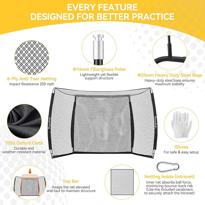 Golf Cage with Impact Screen, 10x8 Ft Golf Hitting Net w/Sound-Dampening Cloth, Practice Mat, Golf Simulator Enclosure, Indoor & Outdoor Driving Chipping Equipment for Home, Backyard & Garage-StrideForce Fitness