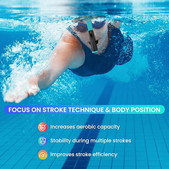 Swimmer's Snorkel for Lap Swimming, Adult Snorkeling Gear Swim Training, Center-Mount Silicone Mouthpiece One-Way Purge Valve in Pool and Open Water-StrideForce Fitness