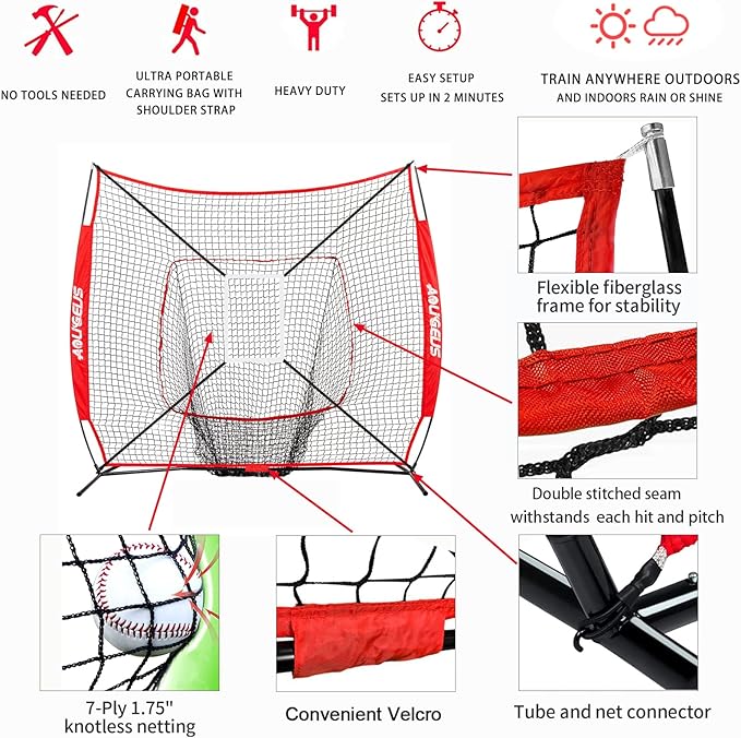 7'X7' Baseball Softball Practice Net,Pitching Net,Batting Net,with Baseball Tee,Bonus Strike Zone and Bow Frame,for Hitting,Pitching, Catching-StrideForce Fitness