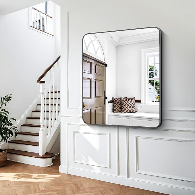 Black Bathroom Mirror,40x48 inch Wall Mirror for Bathroom Wall Mounted,Rectangle Mirror for Bathroom Over Sink,Modern Frame Round Corner for Living Room,Bedroom Entryway,Horizontal/Vertical-StrideForce Fitness