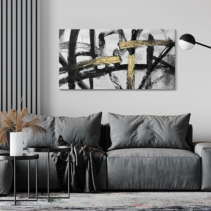 Black White and Gold Wall Art, Modern Paintings Abstract Graffiti Canvas Prints Artwork Black Grey Wall Pictures for Living Room Bedroom Bathroom Home Office Decor 20x40 In-StrideForce Fitness